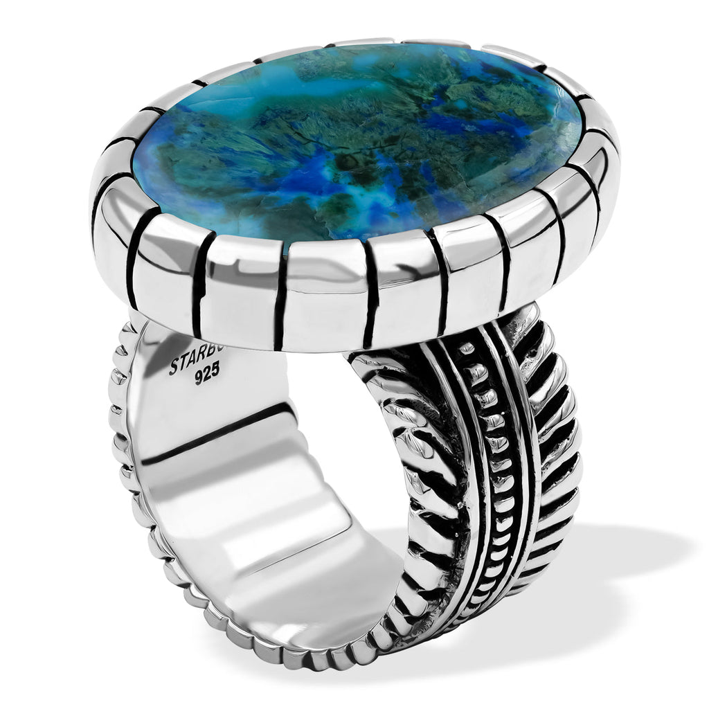 Starborn Shattuckite Striped Bezel Ring with Bali Design Shank in Sterling Silver