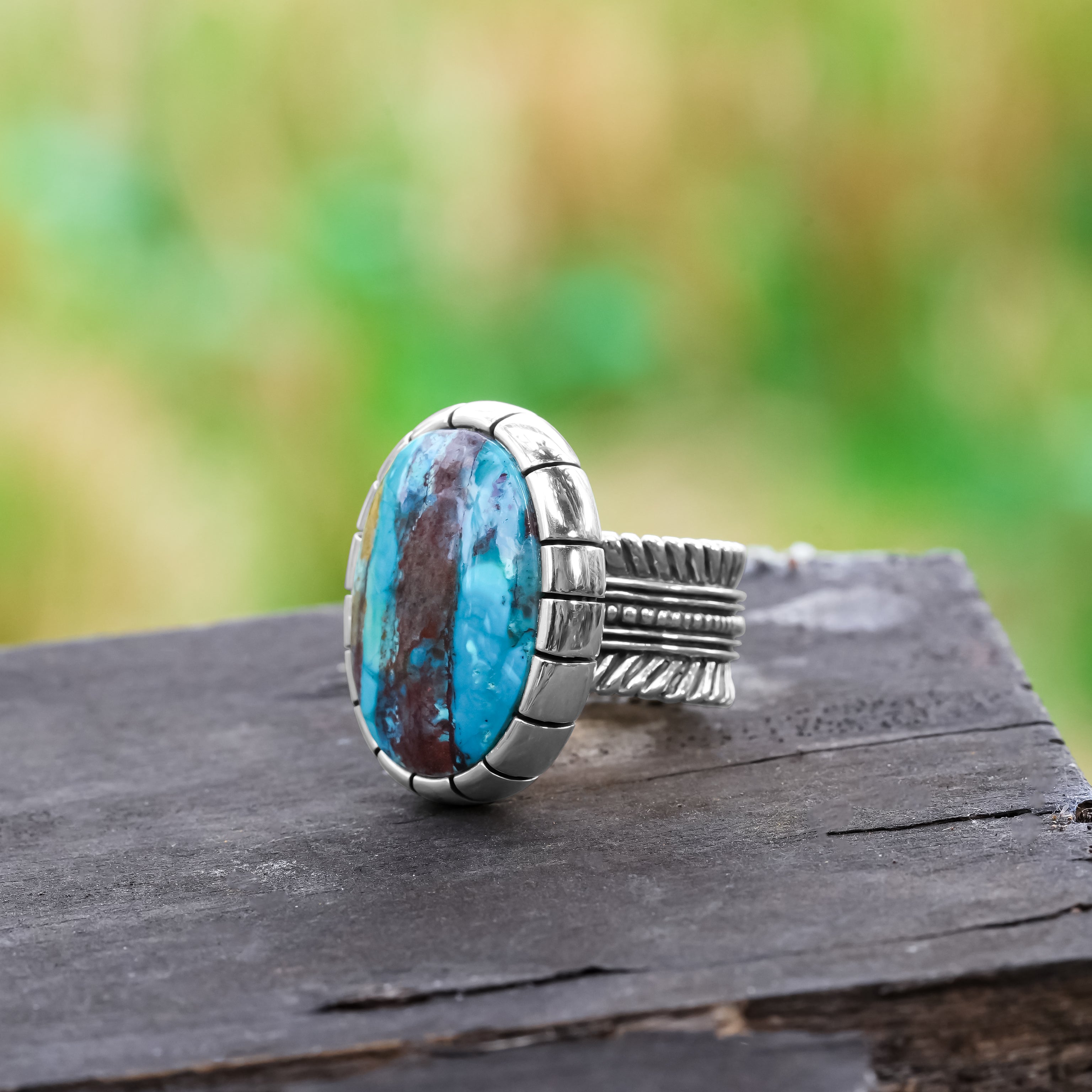 Starborn Shattuckite Striped Bezel Ring with Bali Design Shank in Sterling Silver