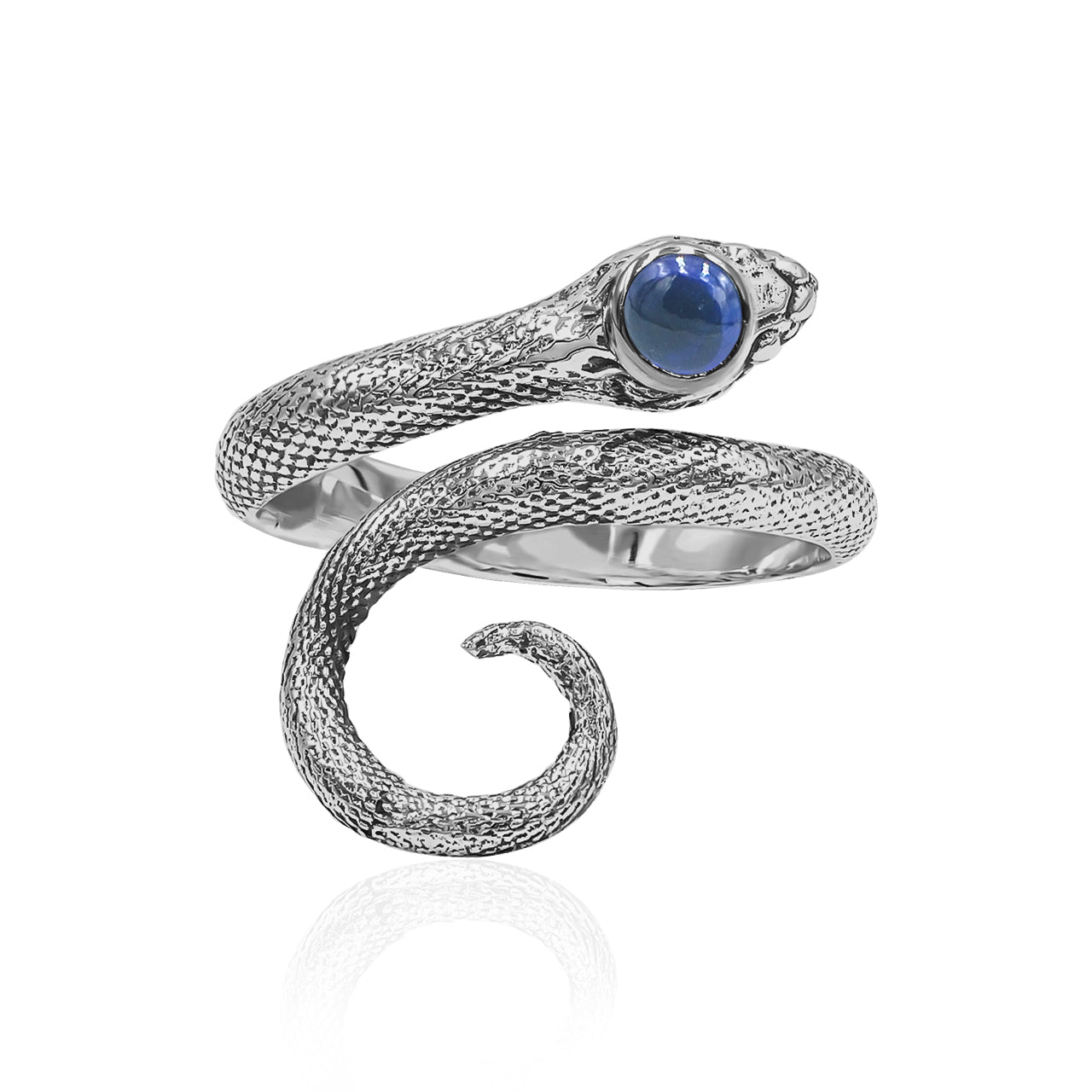 Starborn Coiled Snake Ring with Polished Sapphire in Sterling Silver