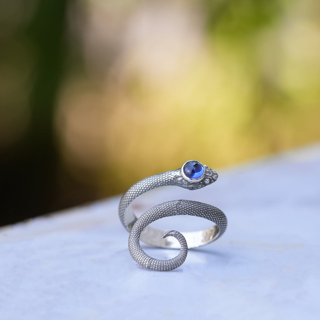 Starborn Coiled Snake Ring with Polished Sapphire in Sterling Silver
