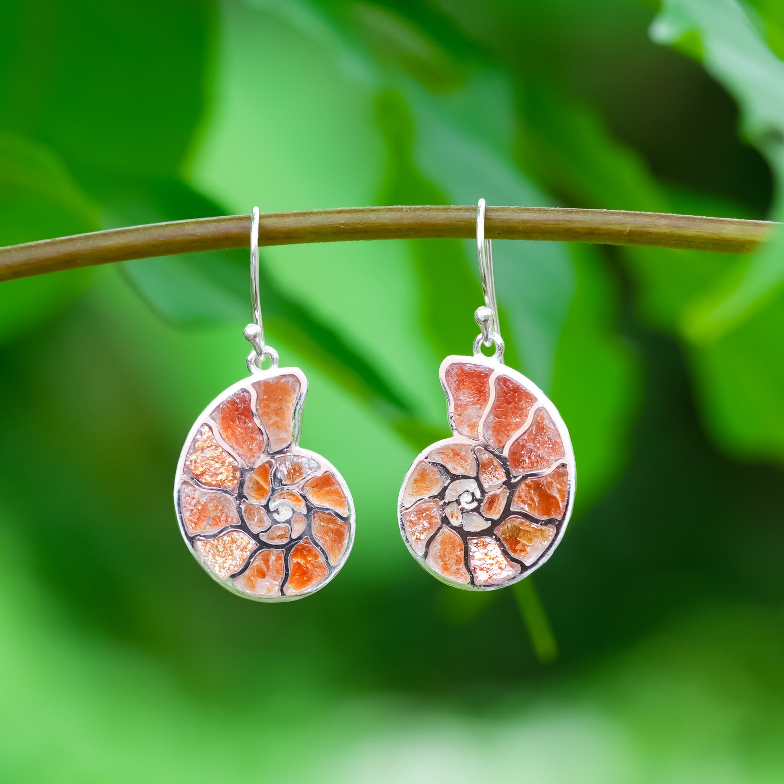 Starborn Nautilus Ammonite with Gemstones Inlay Earring in Sterling Silver - Large