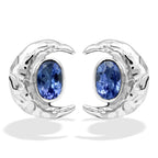 Starborn Faceted Oval Gemstone Post Earrings with Hammered Crescent Moon Accent in Sterling Silver