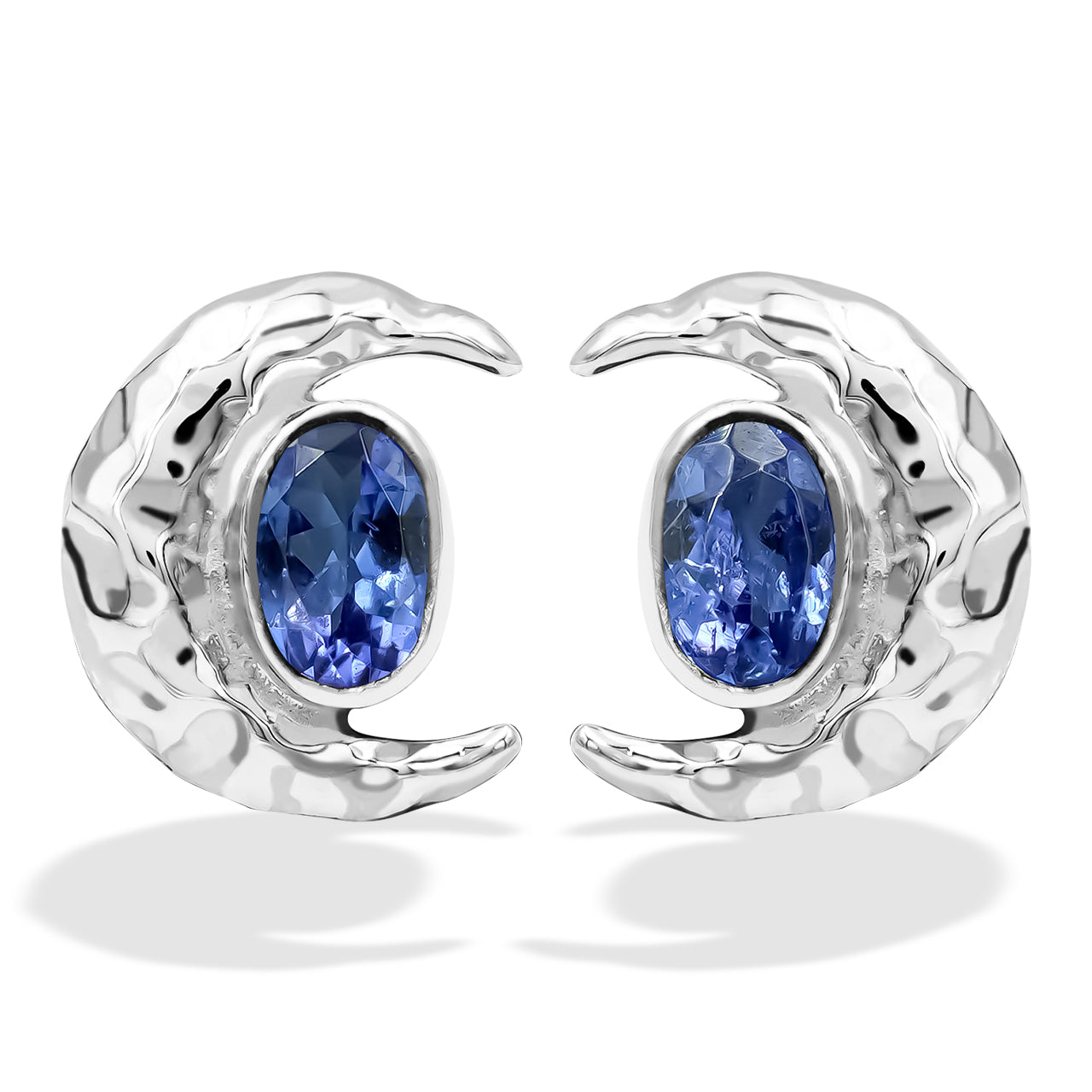 Starborn Faceted Oval Gemstone Post Earrings with Hammered Crescent Moon Accent in Sterling Silver