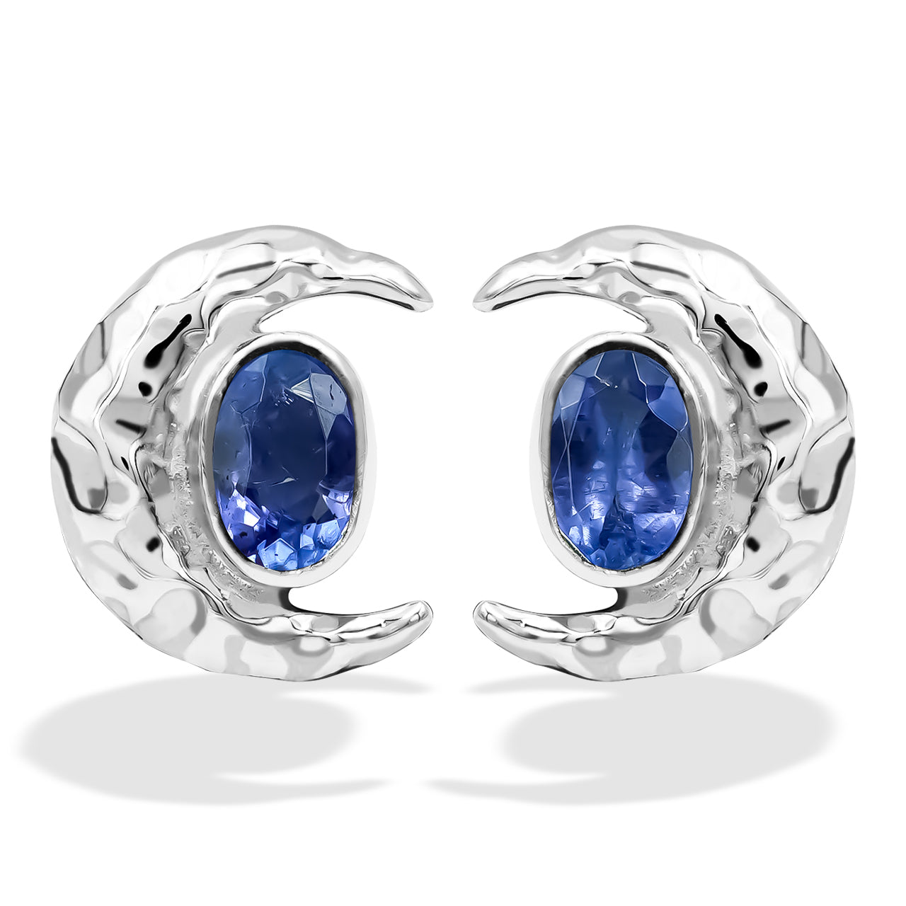 Starborn Faceted Oval Gemstone Post Earrings with Hammered Crescent Moon Accent in Sterling Silver