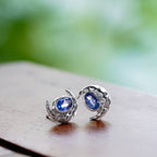Starborn Faceted Oval Gemstone Post Earrings with Hammered Crescent Moon Accent in Sterling Silver