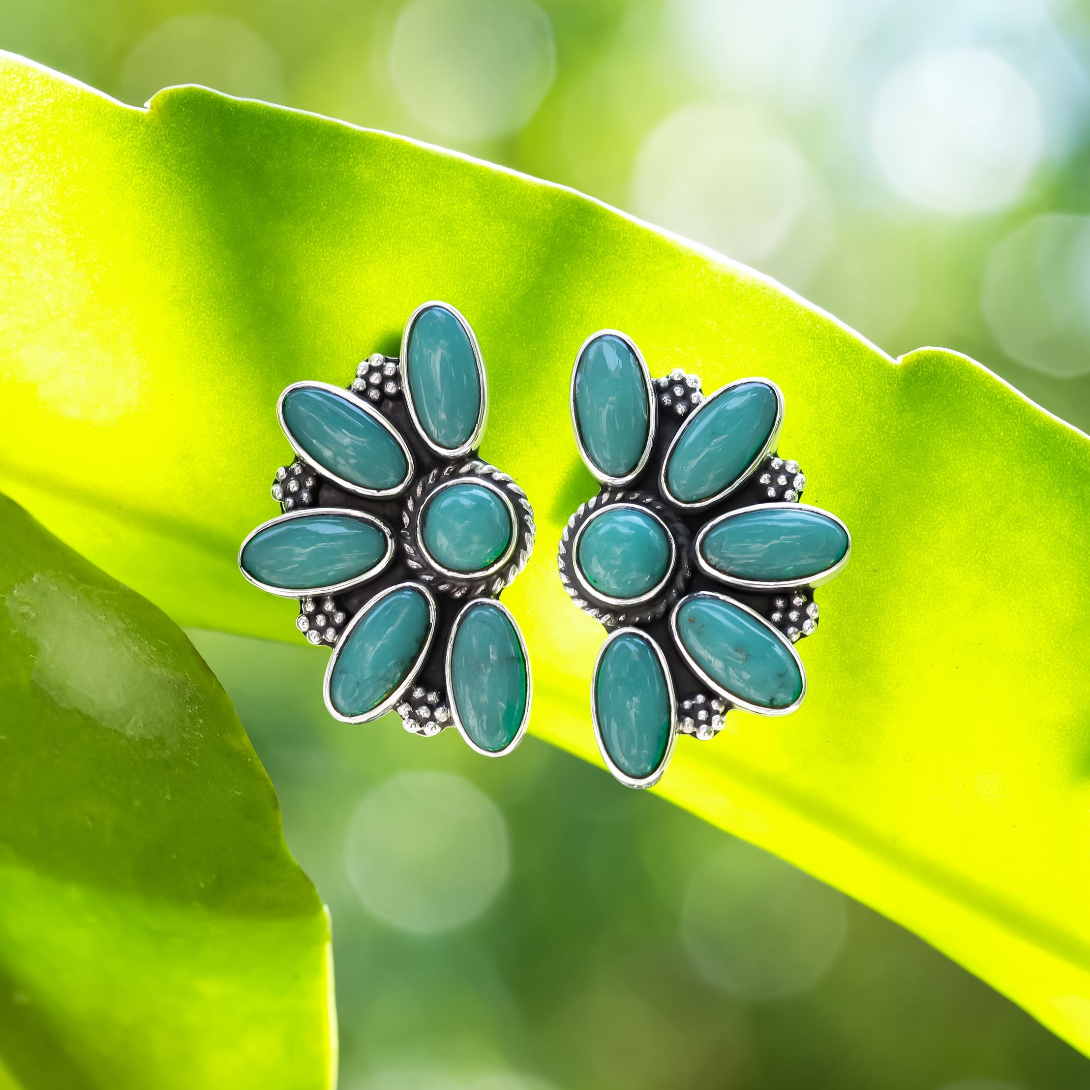 Starborn Campitos Turquoise Half Flower Post Earrings in Sterling Silver