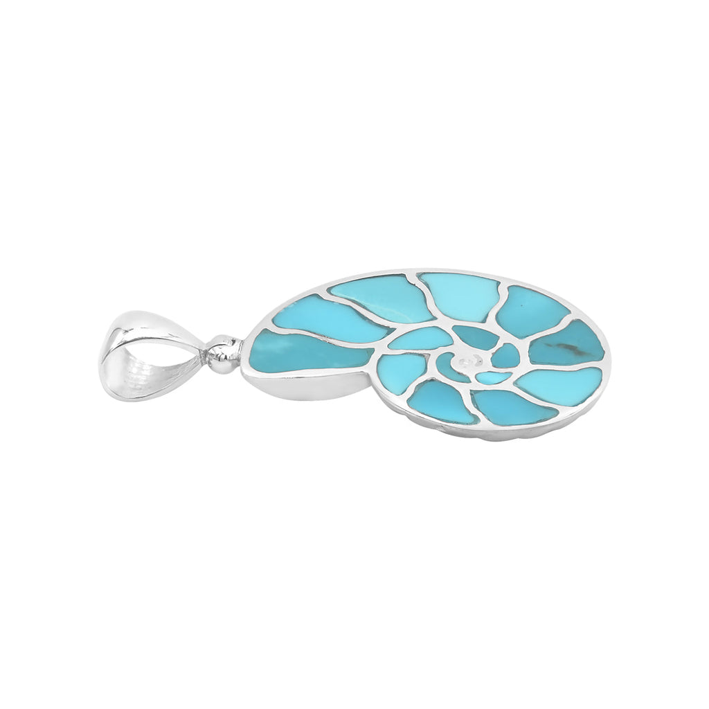 Starborn Sleeping Beauty Turquoise Inlay Nautilus Ammonite Pendant in Sterling Silver