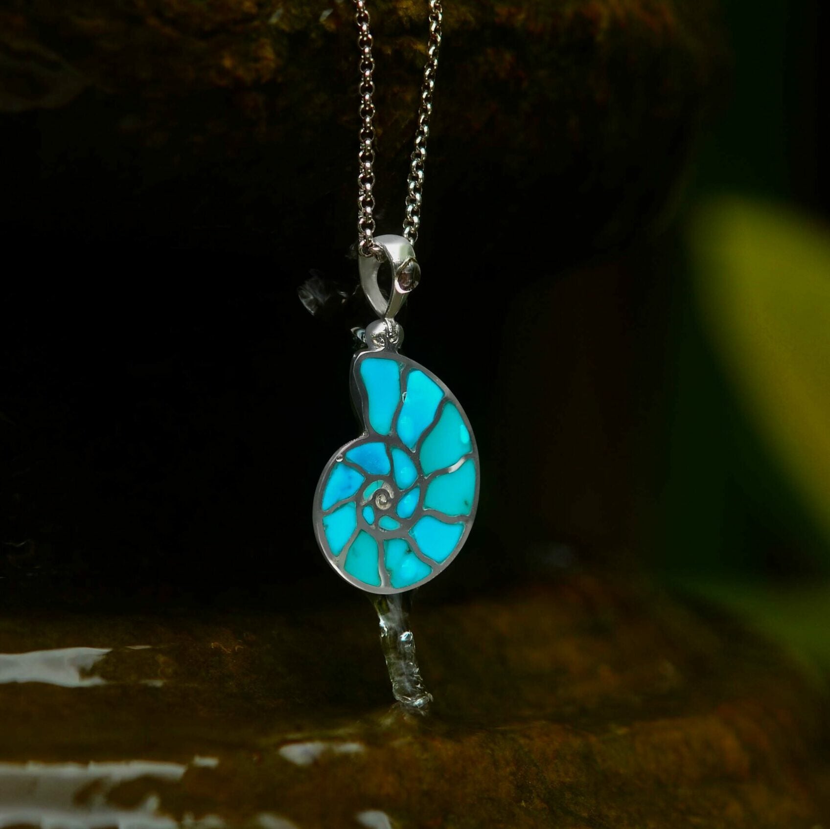 Starborn Sleeping Beauty Turquoise Inlay Nautilus Ammonite Pendant in Sterling Silver