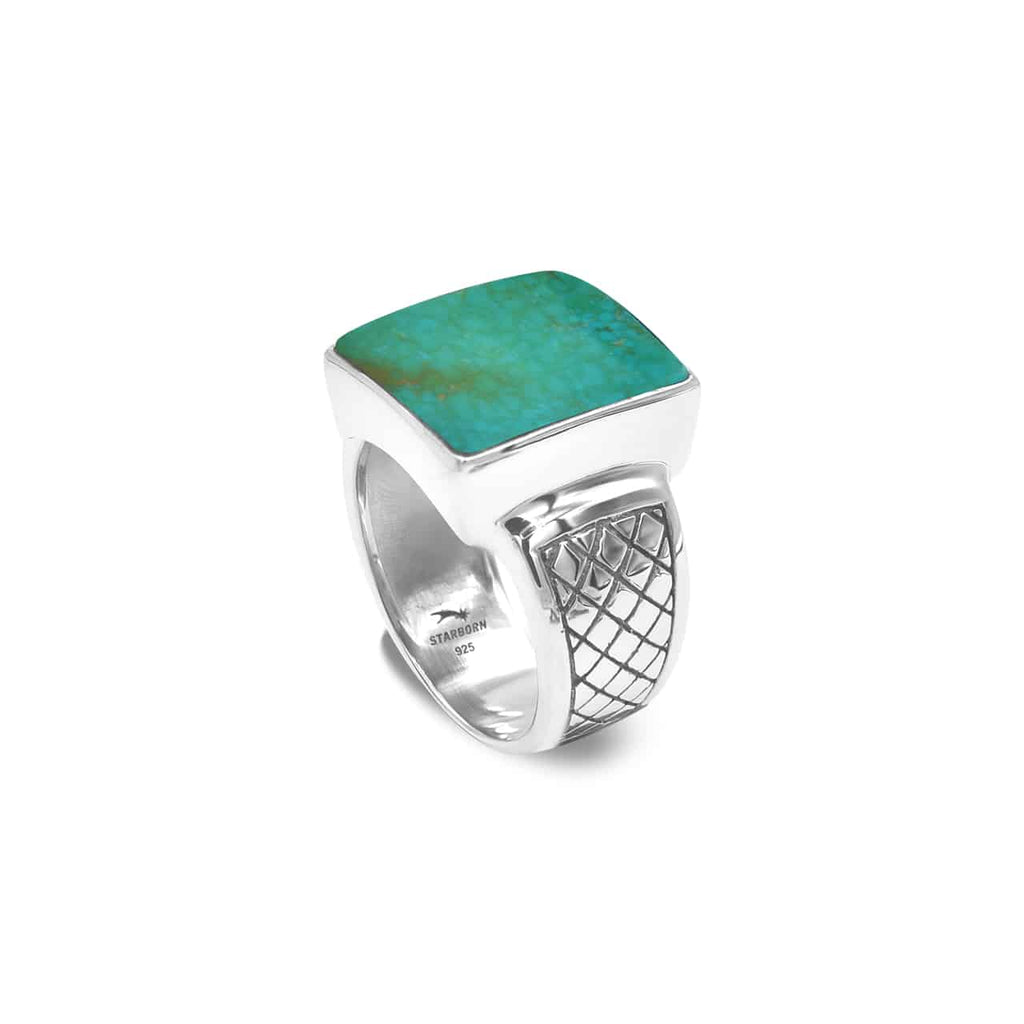 Starborn Chilean Turquoise Men’s Ring with Geometric Shank Accents in Sterling Silver