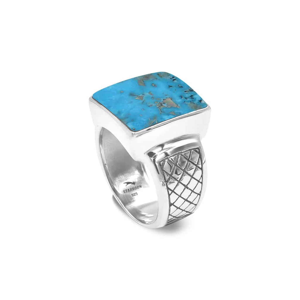 Starborn Persian Turquoise Men’s Ring with Geometric Shank Accents in Sterling Silver