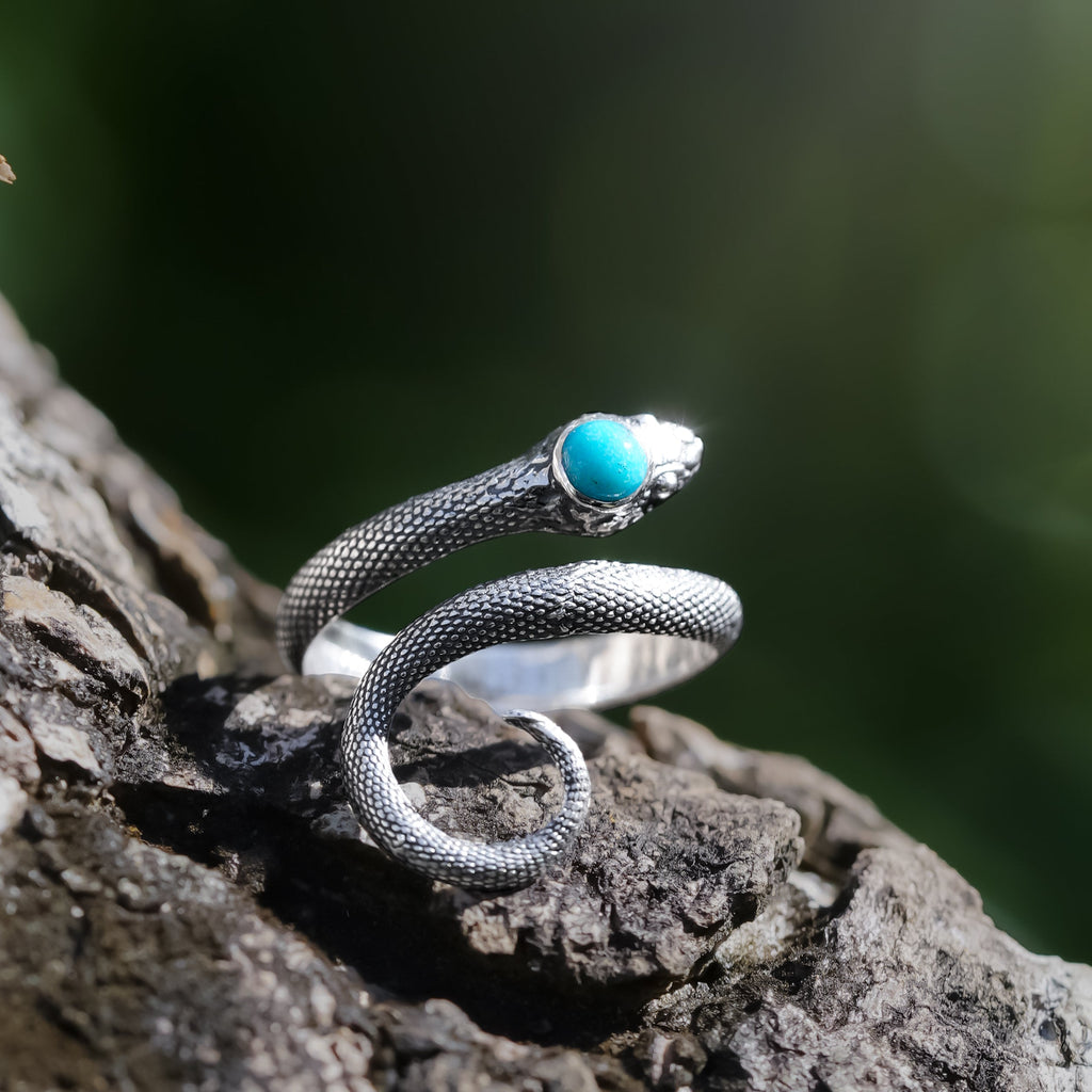 Starborn Coiled Snake Ring with Polished Turquoise in Sterling Silver