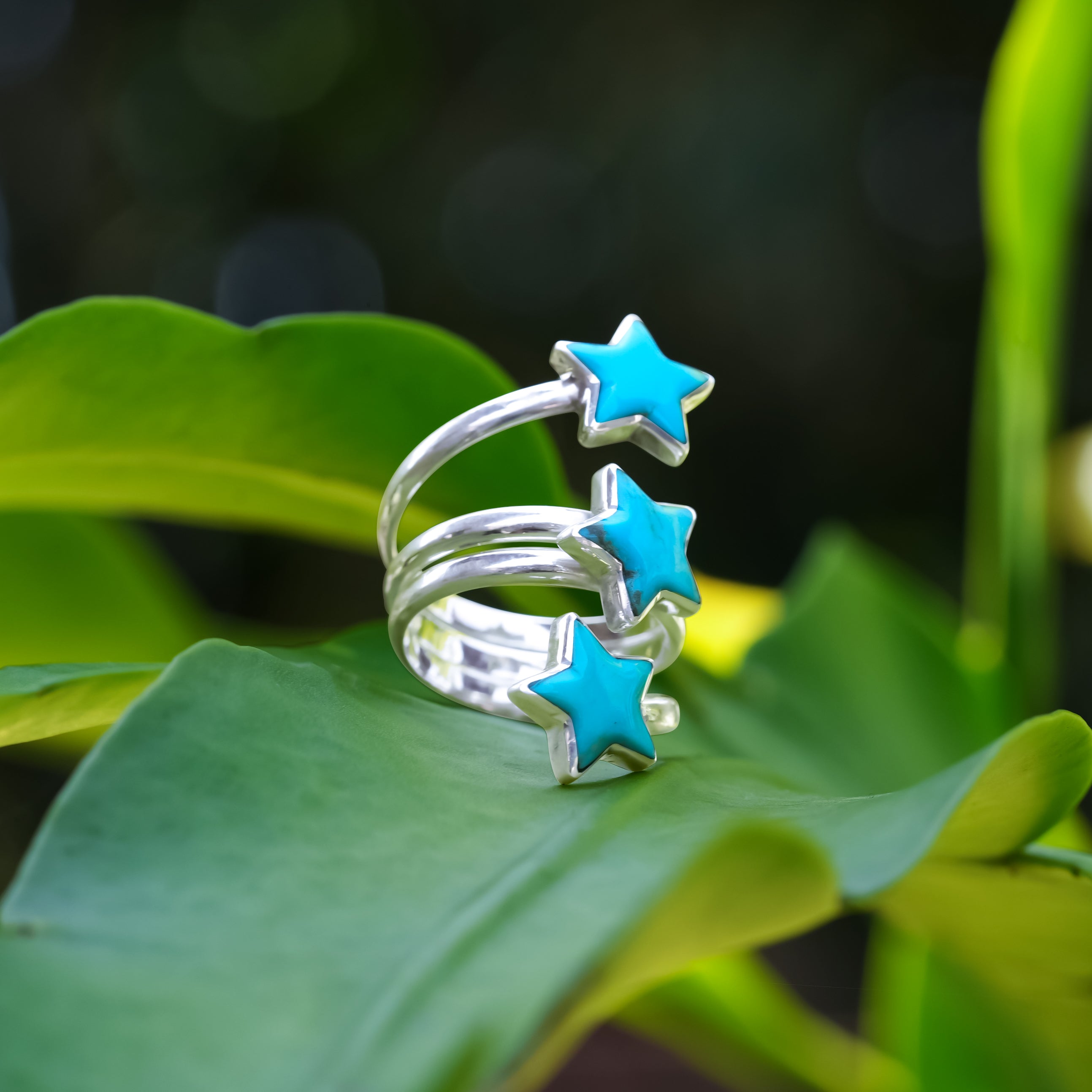 Starborn Turquoise 3 Stars Spiral Ring in Sterling Silver