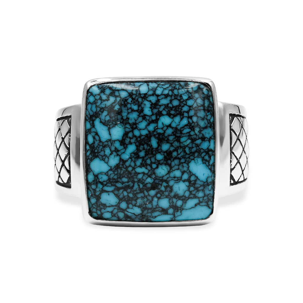 Starborn Turquoise Men’s Ring with Geometric Shank Accents in Sterling Silver