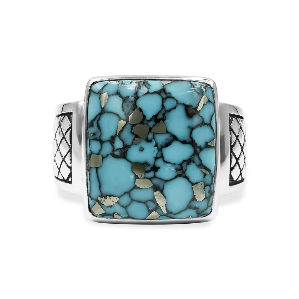 Starborn Turquoise Men’s Ring with Geometric Shank Accents in Sterling Silver