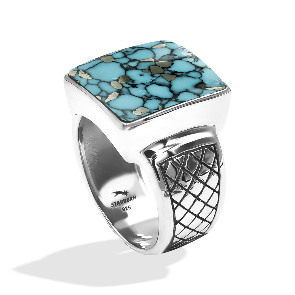 Starborn Turquoise Men’s Ring with Geometric Shank Accents in Sterling Silver