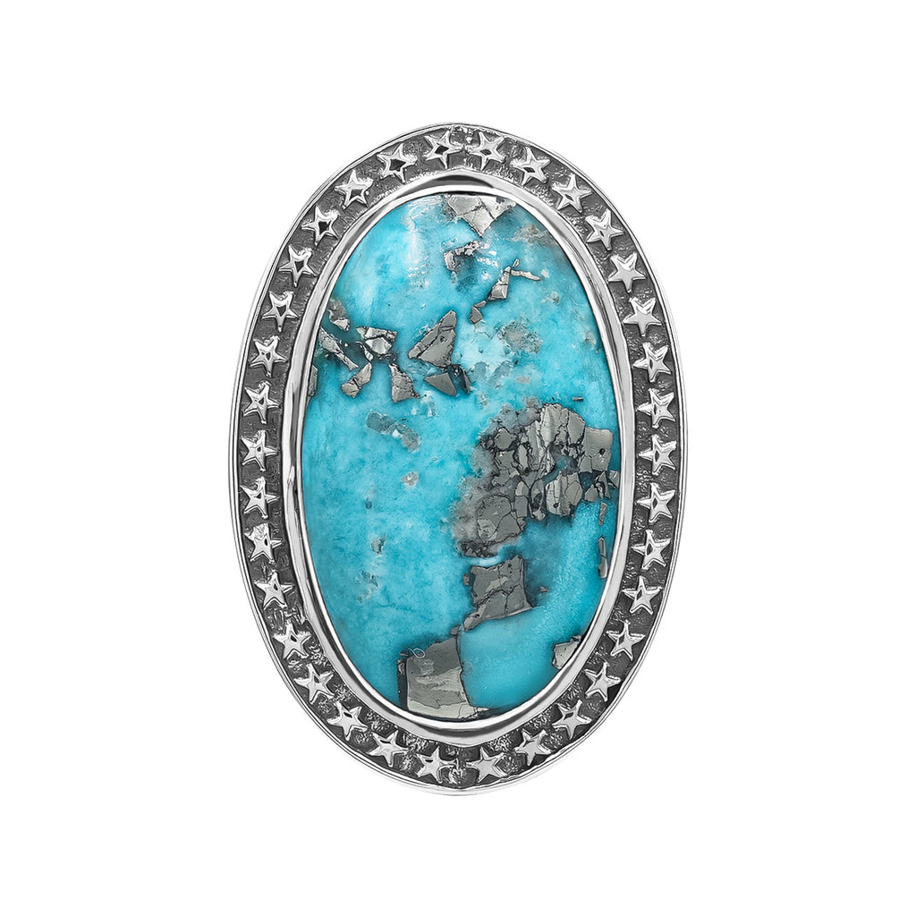 Starborn Oval Shape Persian Turquoise Ring with Stars Accent Frame in Sterling Silver