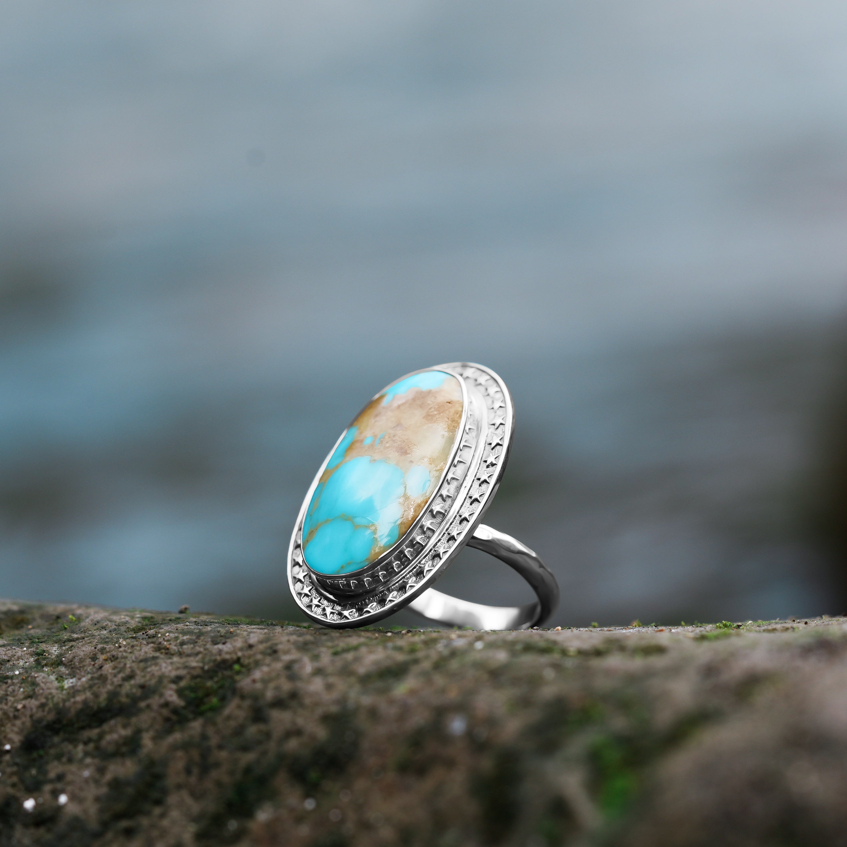 Starborn Patagonia Arizona Turquoise Ring with Stars Frame Design in Sterling Silver Silver