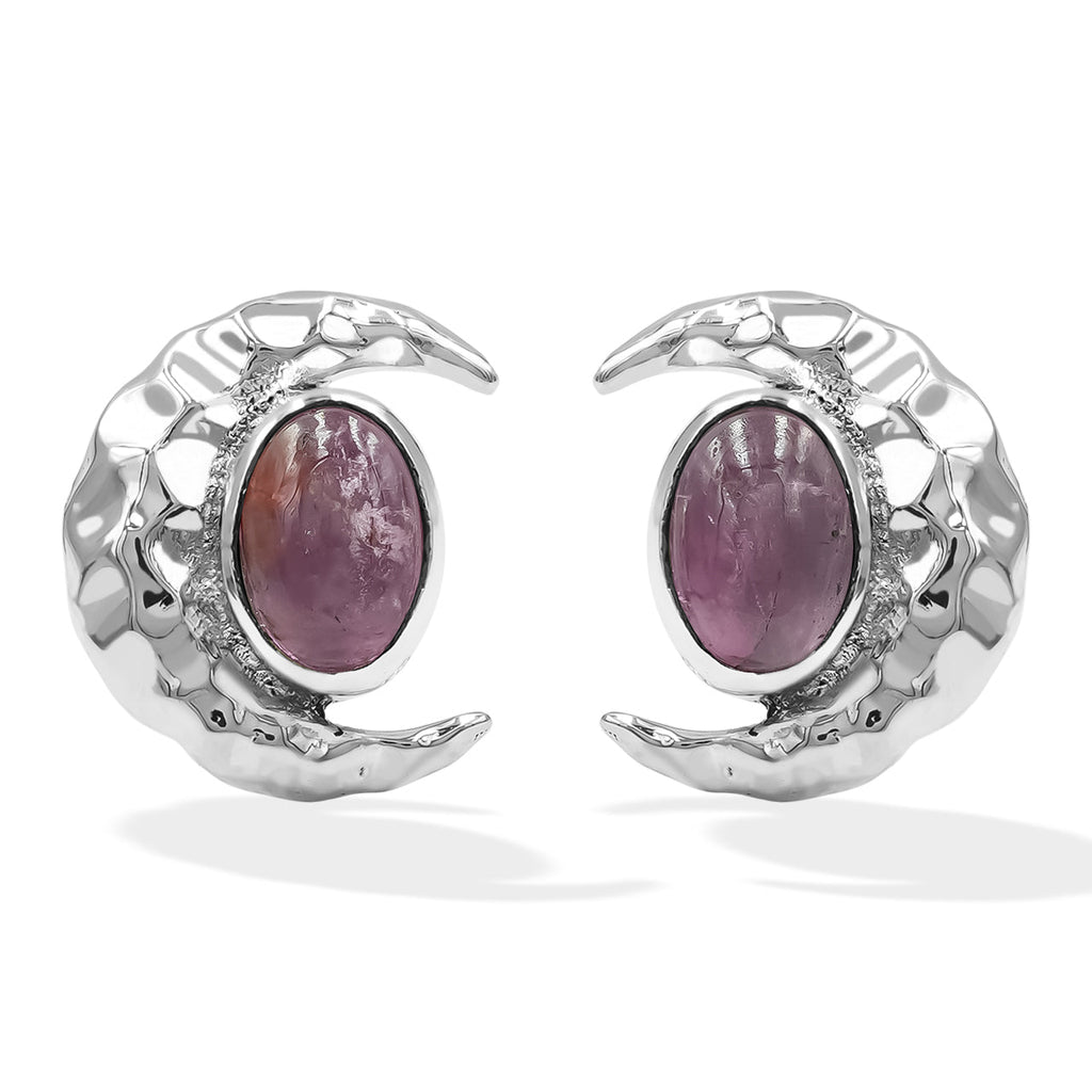 Starborn Polished Oval Tourmaline Cabochon Post Earrings with Hammered Crescent Moon Accent in Sterling Silver