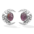 Starborn Polished Oval Tourmaline Cabochon Post Earrings with Hammered Crescent Moon Accent in Sterling Silver