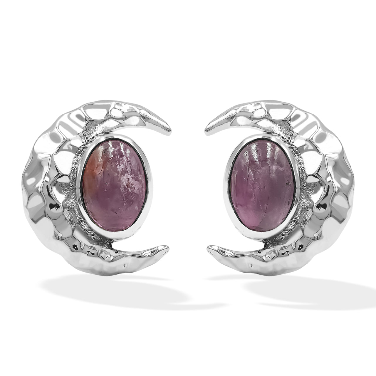 Starborn Polished Oval Tourmaline Cabochon Post Earrings with Hammered Crescent Moon Accent in Sterling Silver