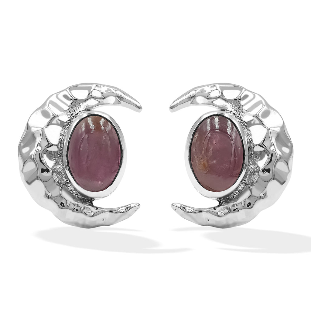 Starborn Polished Oval Tourmaline Cabochon Post Earrings with Hammered Crescent Moon Accent in Sterling Silver