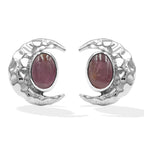 Starborn Polished Oval Tourmaline Cabochon Post Earrings with Hammered Crescent Moon Accent in Sterling Silver