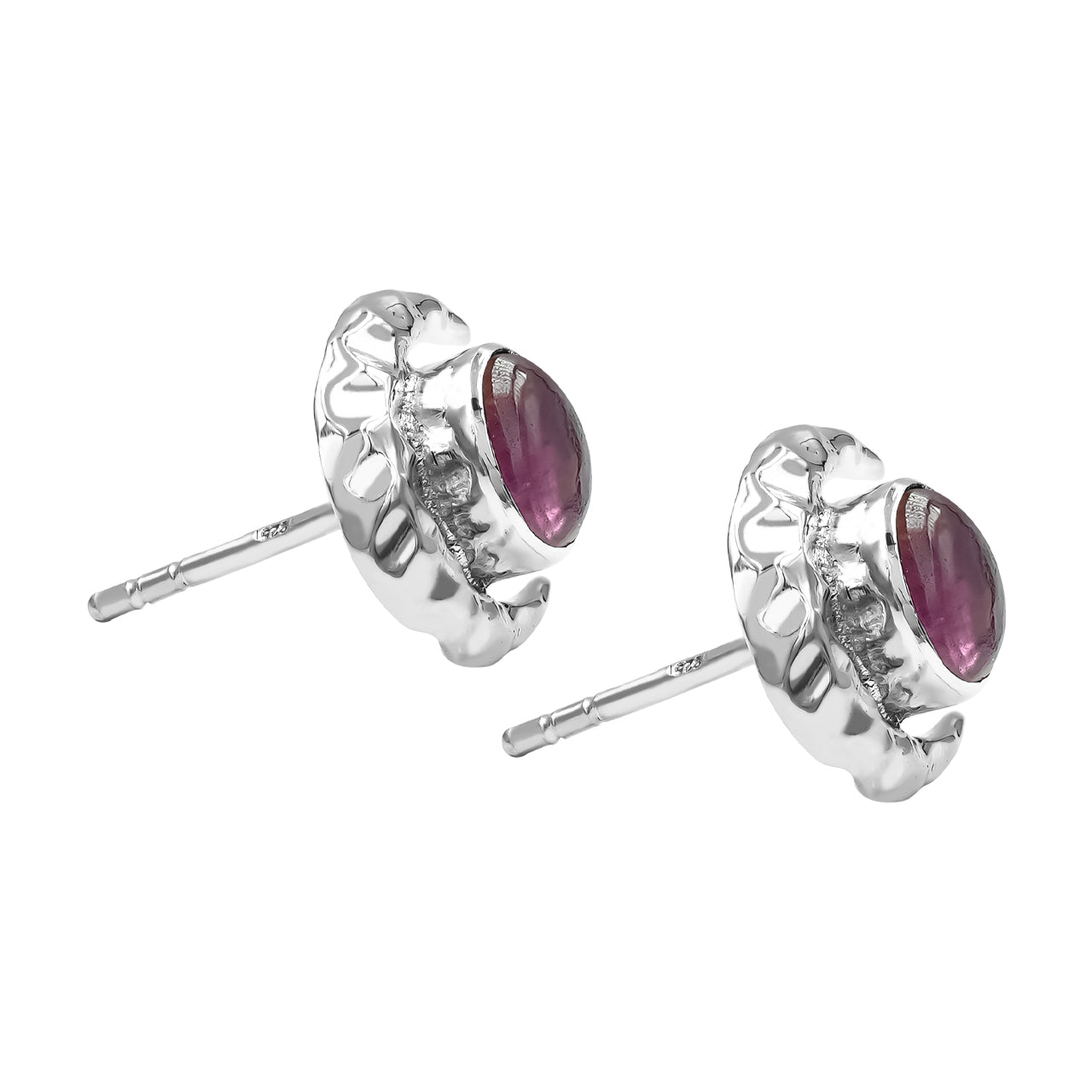 Starborn Polished Oval Tourmaline Cabochon Post Earrings with Hammered Crescent Moon Accent in Sterling Silver
