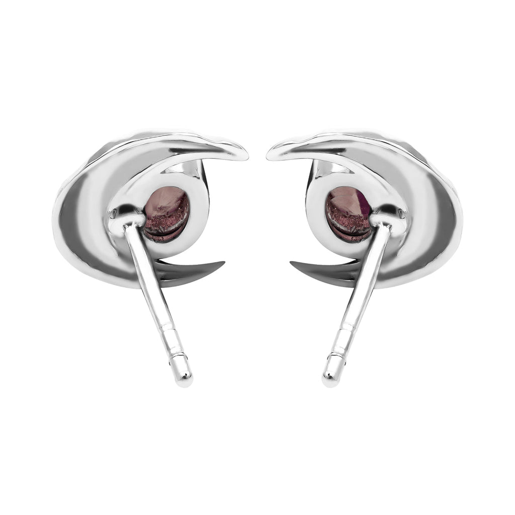 Starborn Polished Oval Tourmaline Cabochon Post Earrings with Hammered Crescent Moon Accent in Sterling Silver