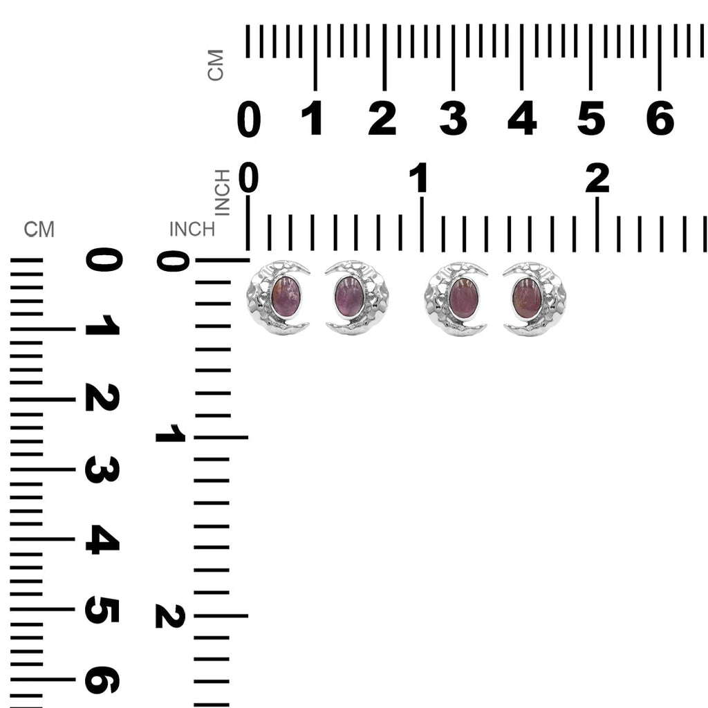 Starborn Polished Oval Tourmaline Cabochon Post Earrings with Hammered Crescent Moon Accent in Sterling Silver