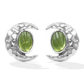 Starborn Polished Oval Tourmaline Cabochon Post Earrings with Hammered Crescent Moon Accent in Sterling Silver