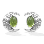 Starborn Polished Oval Tourmaline Cabochon Post Earrings with Hammered Crescent Moon Accent in Sterling Silver