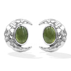 Starborn Polished Oval Tourmaline Cabochon Post Earrings with Hammered Crescent Moon Accent in Sterling Silver