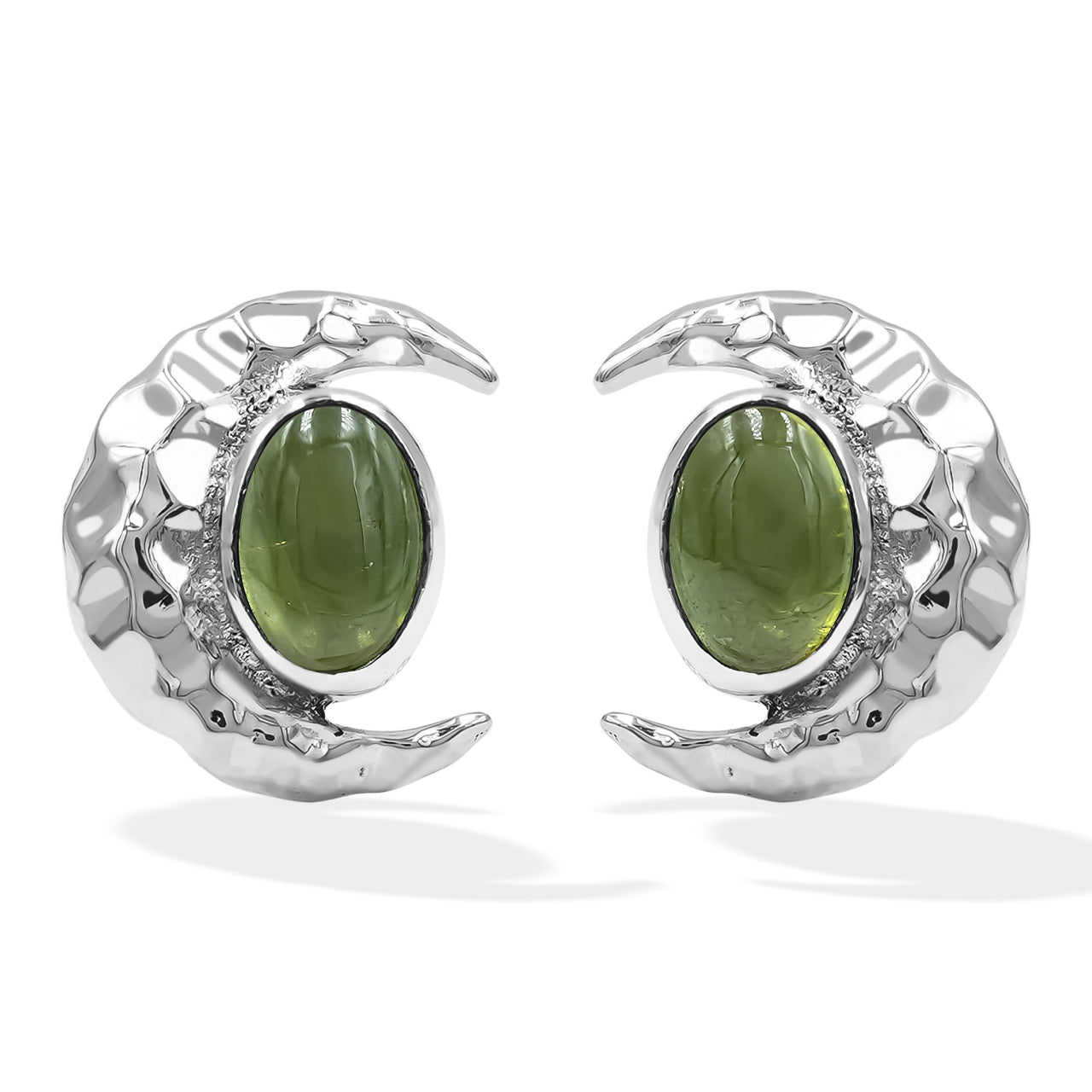 Starborn Polished Oval Tourmaline Cabochon Post Earrings with Hammered Crescent Moon Accent in Sterling Silver