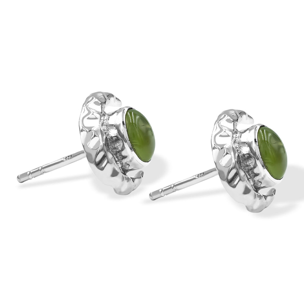 Starborn Polished Oval Tourmaline Cabochon Post Earrings with Hammered Crescent Moon Accent in Sterling Silver