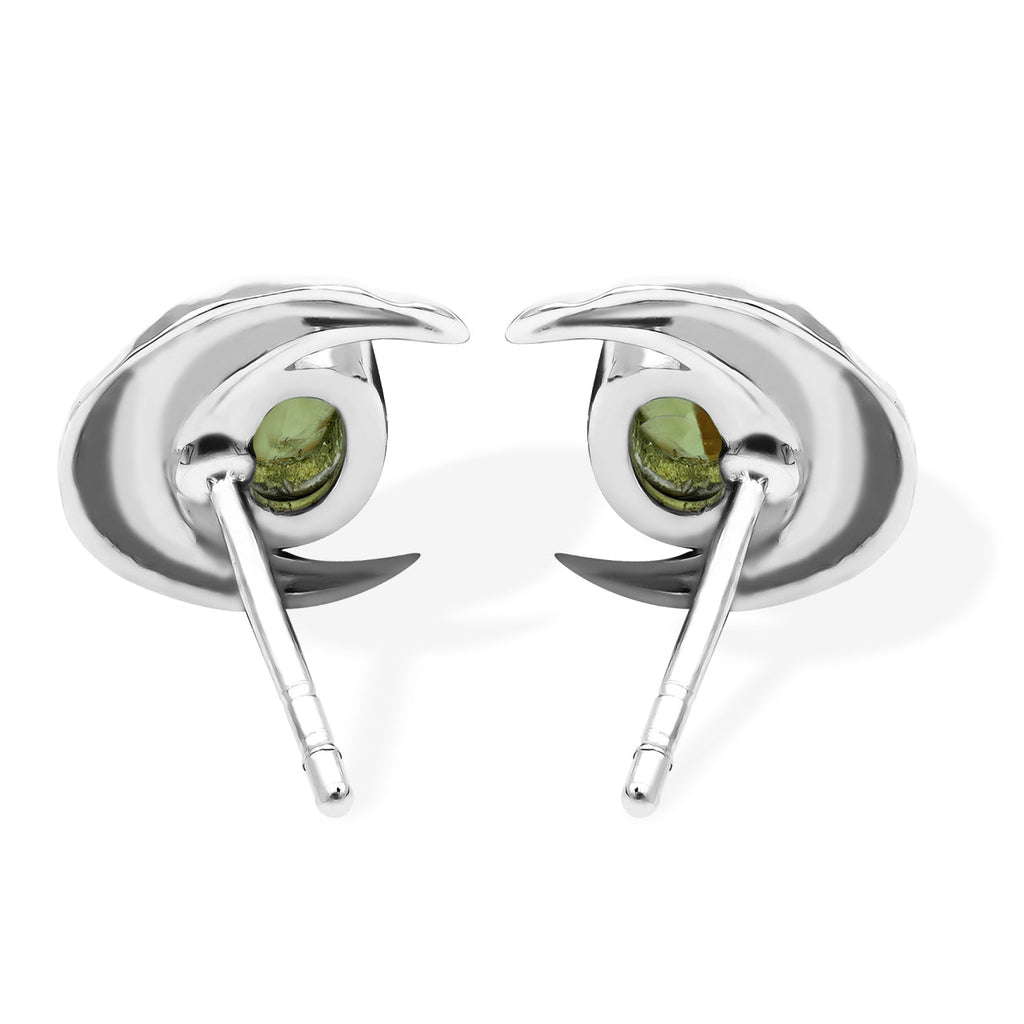 Starborn Polished Oval Tourmaline Cabochon Post Earrings with Hammered Crescent Moon Accent in Sterling Silver