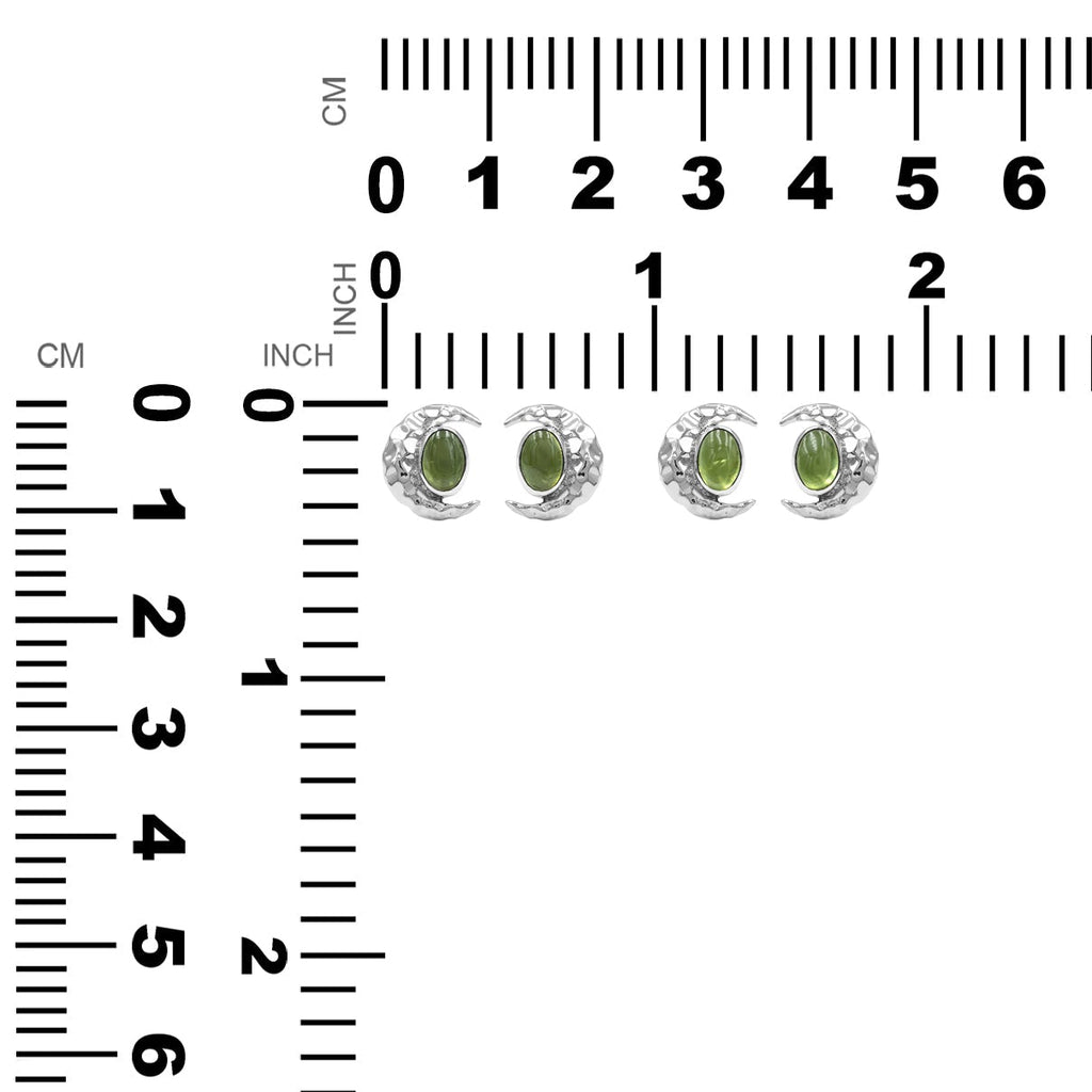 Starborn Polished Oval Tourmaline Cabochon Post Earrings with Hammered Crescent Moon Accent in Sterling Silver