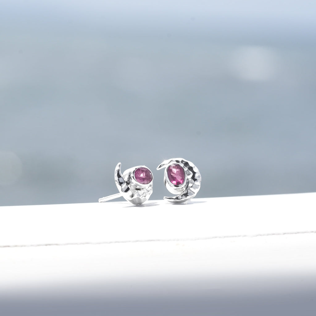 Starborn Faceted Oval Gemstone Post Earrings with Hammered Crescent Moon Accent in Sterling Silver