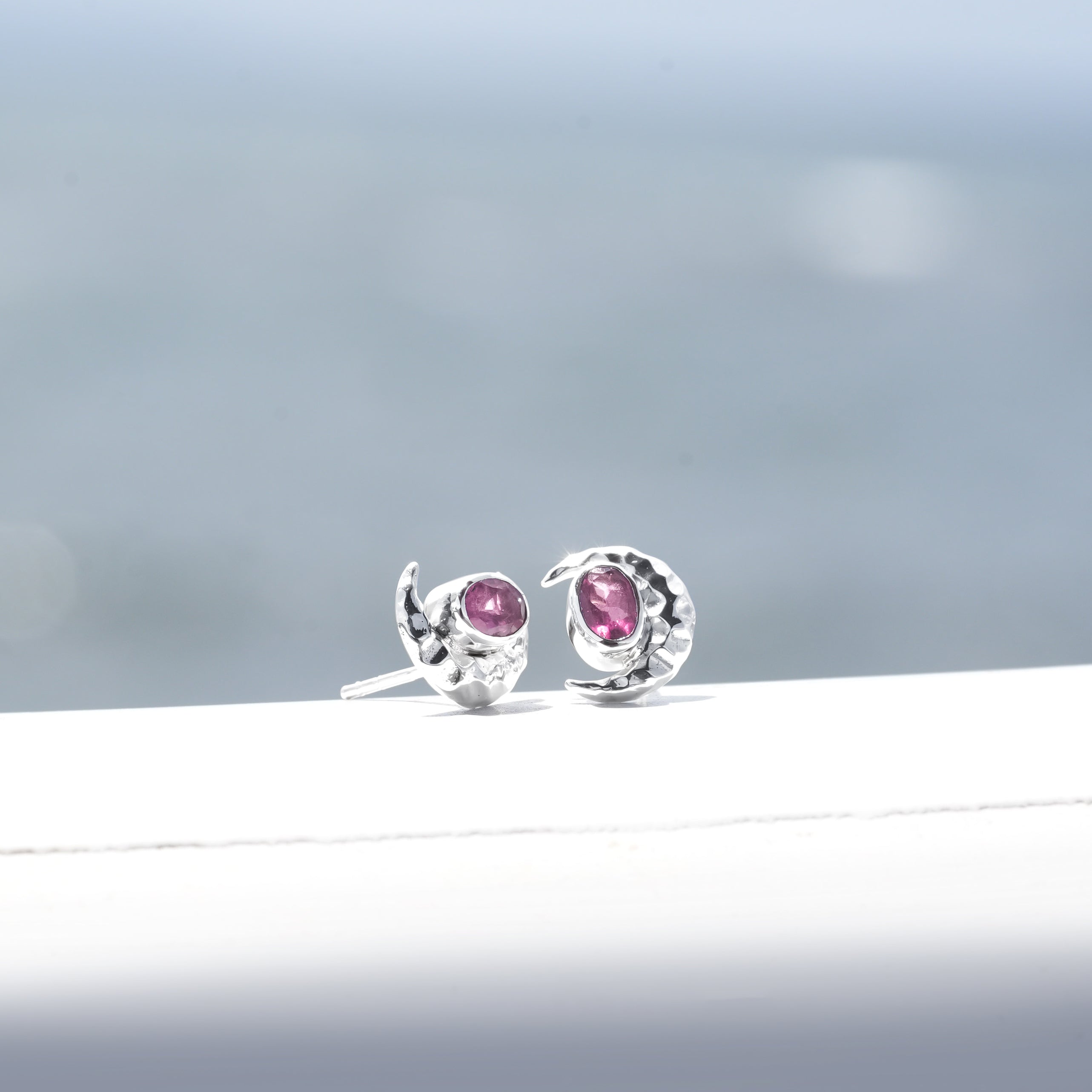 Starborn Faceted Oval Gemstone Post Earrings with Hammered Crescent Moon Accent in Sterling Silver