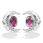 Starborn Faceted Oval Gemstone Post Earrings with Hammered Crescent Moon Accent in Sterling Silver