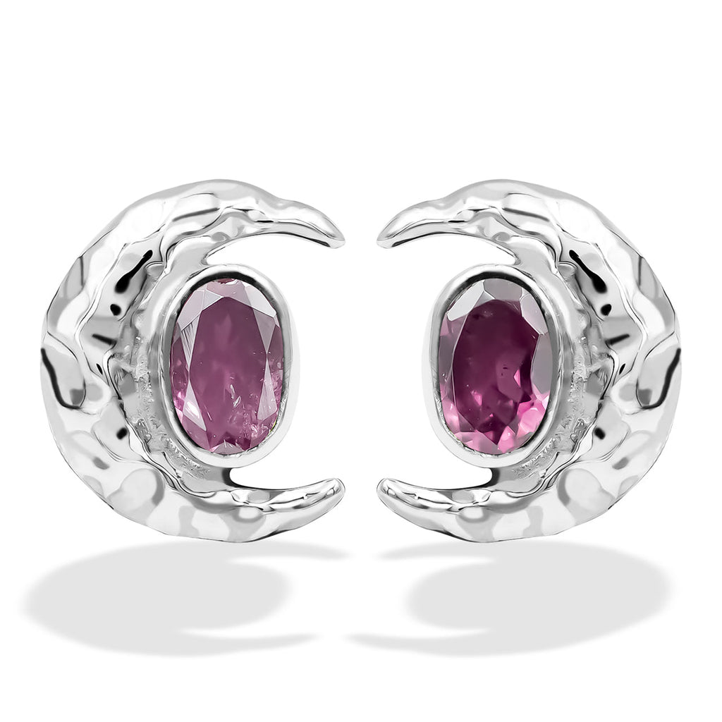 Starborn Faceted Oval Gemstone Post Earrings with Hammered Crescent Moon Accent in Sterling Silver