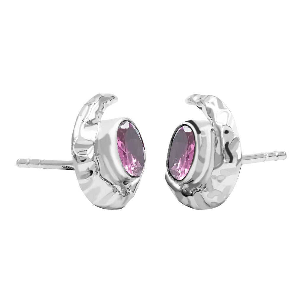 Starborn Faceted Oval Gemstone Post Earrings with Hammered Crescent Moon Accent in Sterling Silver