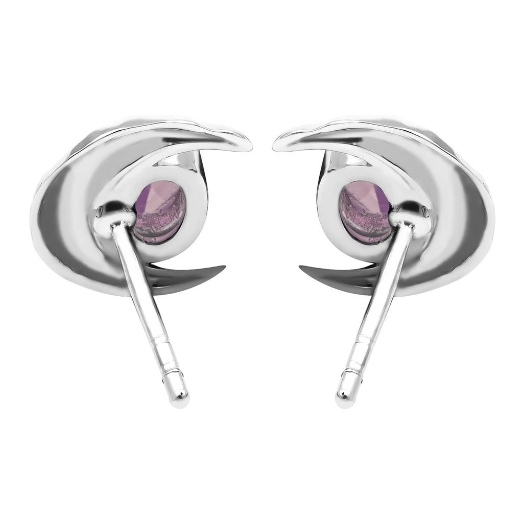 Starborn Faceted Oval Gemstone Post Earrings with Hammered Crescent Moon Accent in Sterling Silver