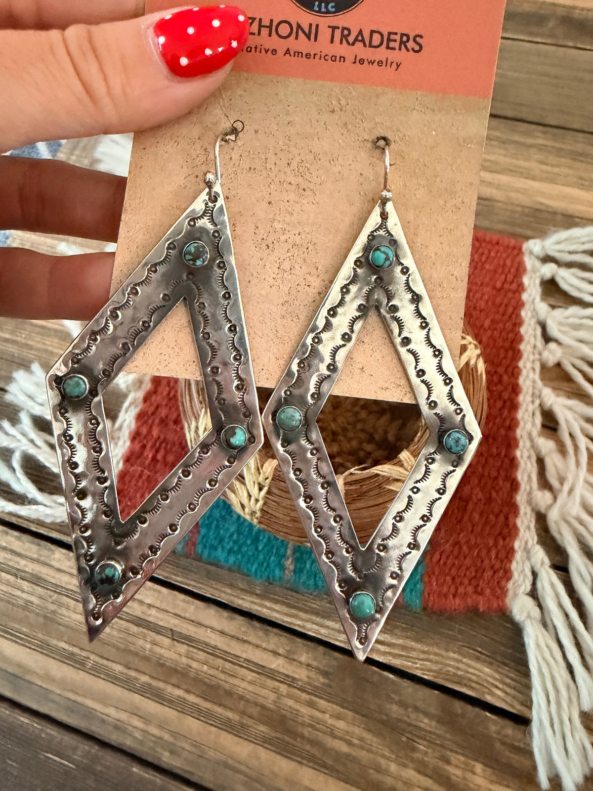 Handmade Sterling Silver & Turquoise Concho Dangle Earrings by Kimari Somers