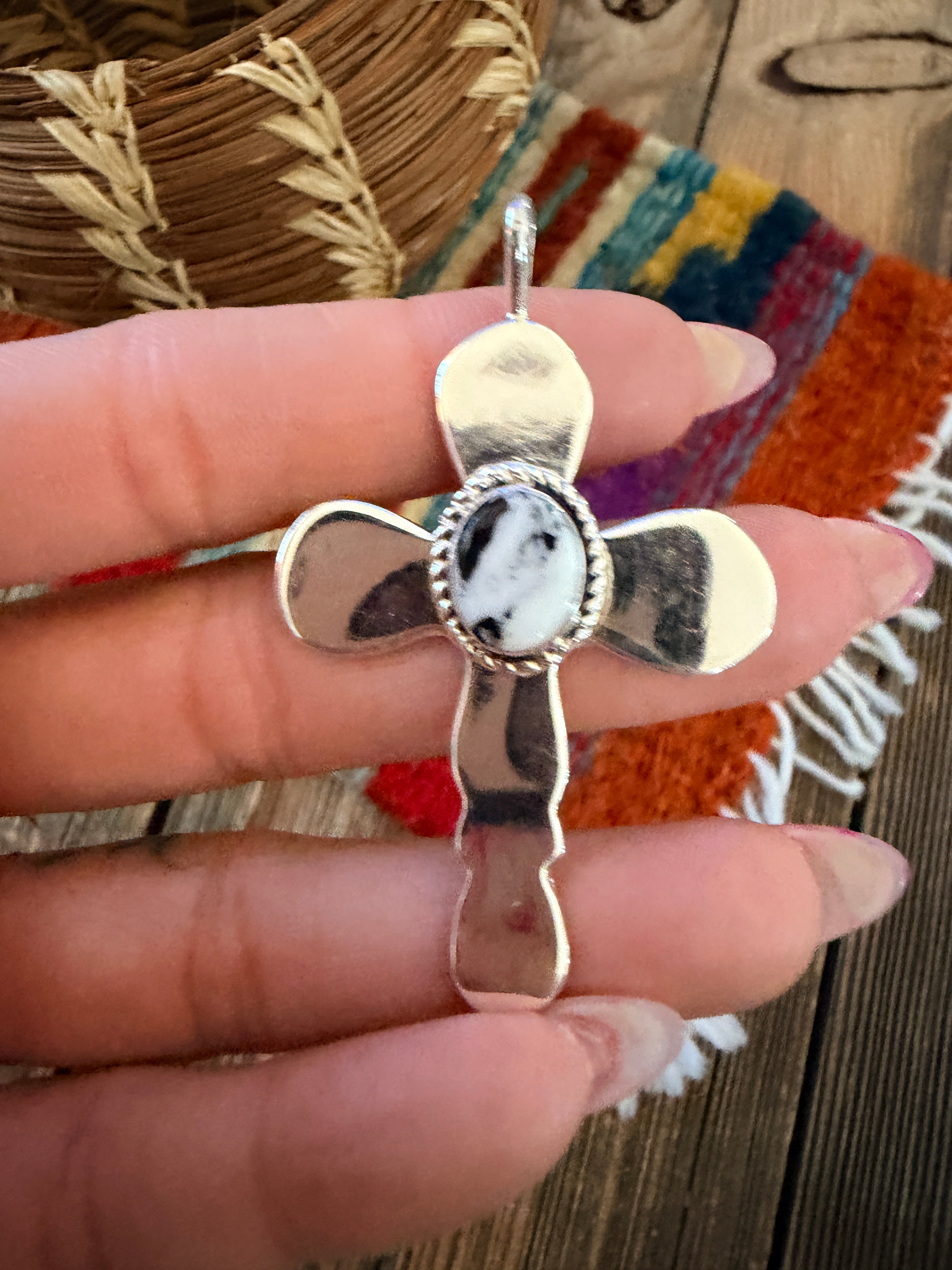 Handcrafted Sterling Silver & White Buffalo Cross Pendant by Joseph Martinez