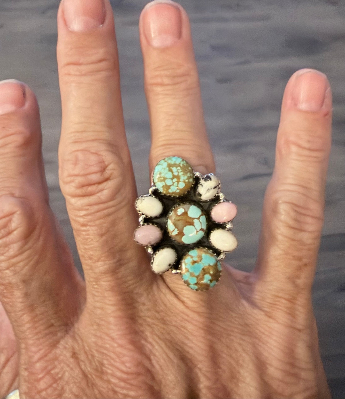 Number 8 Mine, Pink Opal and White Buffalo Cluster Ring