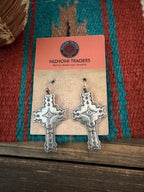 Handcrafted Old Pawn Sterling Silver Cross Dangle Earrings
