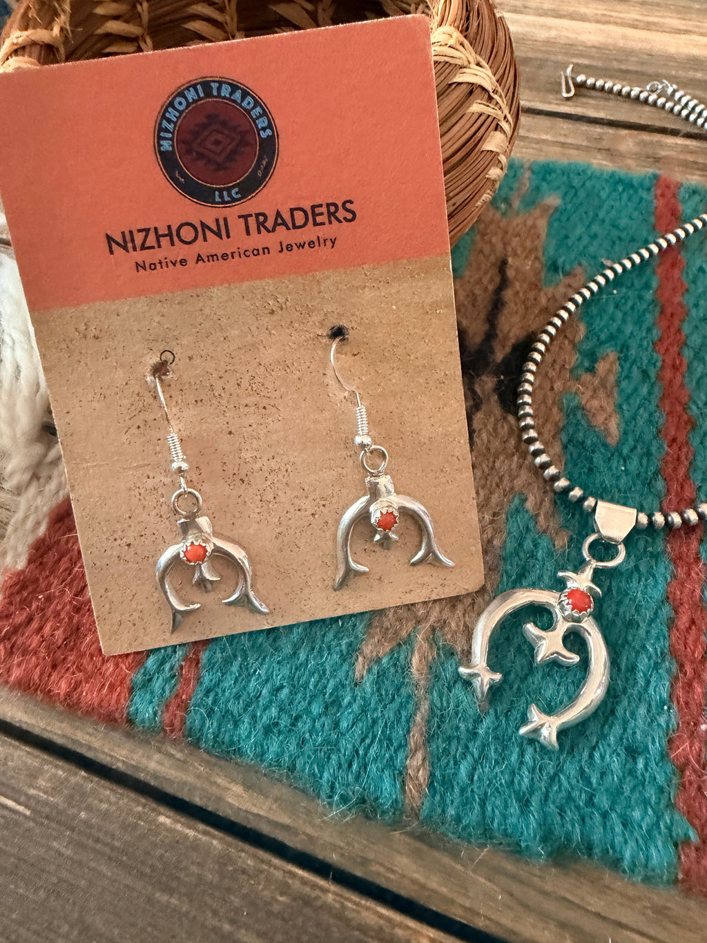 Handcrafted Coral & Sterling Silver Naja Earring and Pendant Set