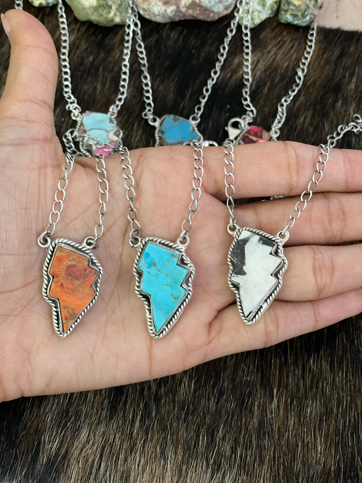 Handmade Sterling Silver Multi Gemstone Lightening Bolt Necklace with Signed Nizhoni