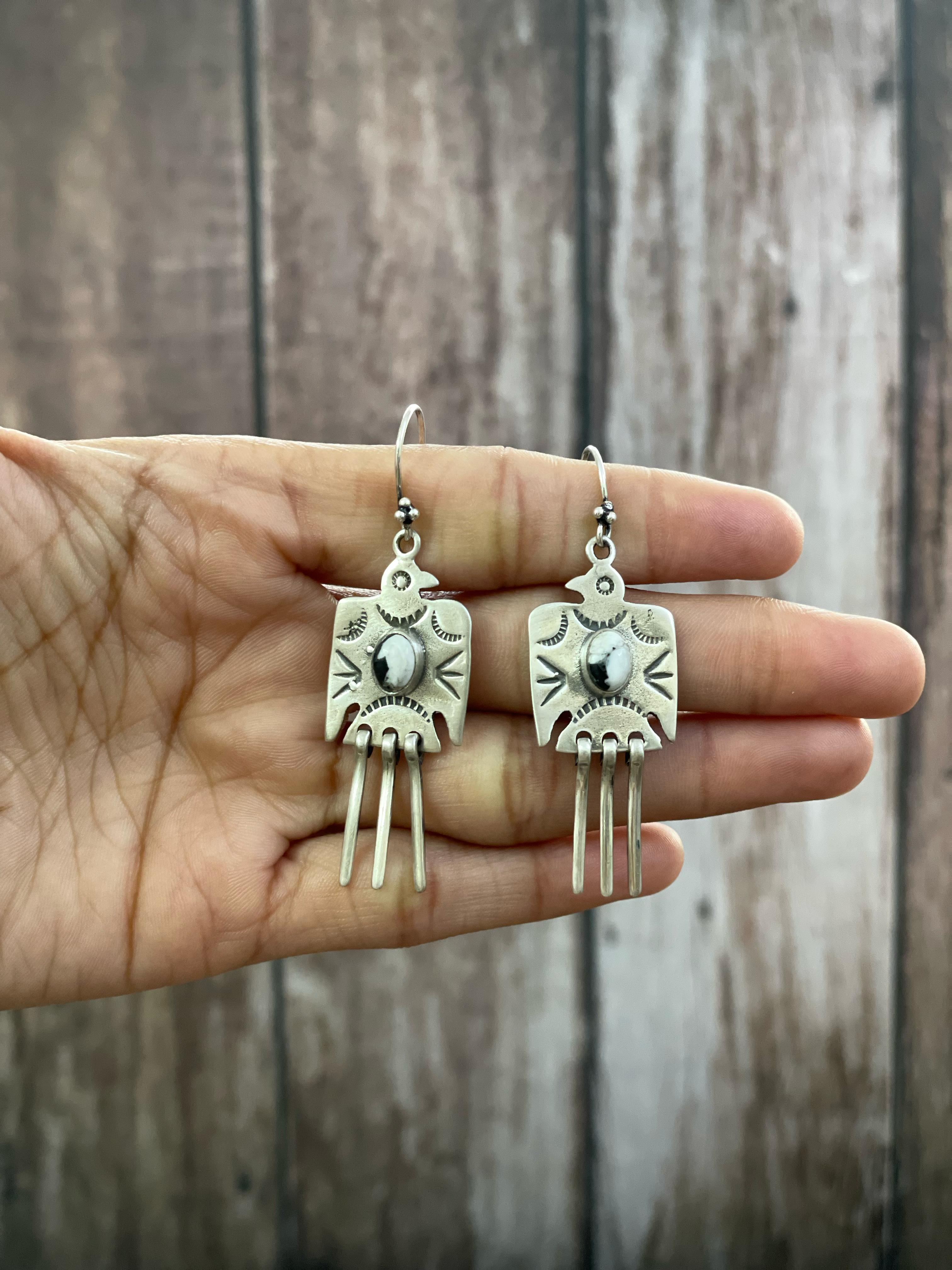 Handmade Sterling Silver White Buffalo, Kingman, Paloma Turquoise Dangle Thunder Bird Earrings with Signed Nizhoni