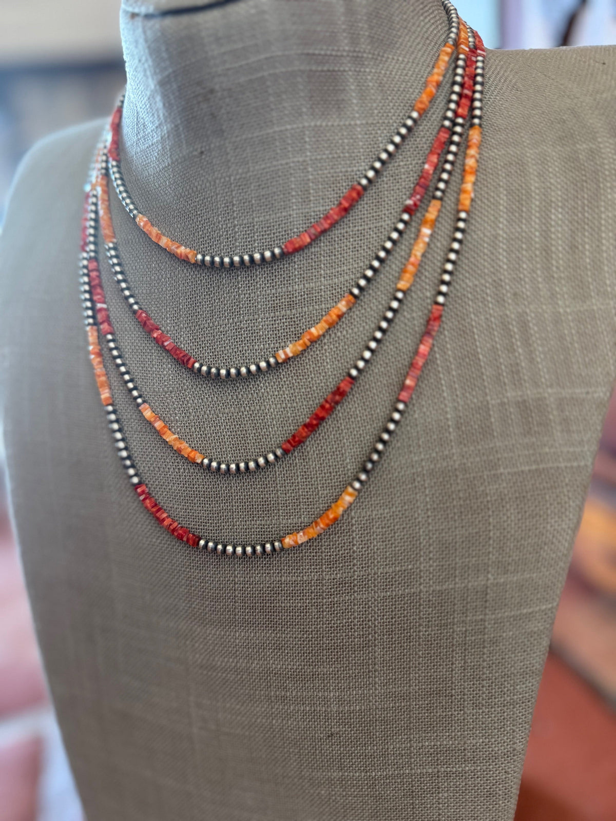 Handcrafted Red Spiny, Orange Spiny & Sterling Silver Pearl 3mm Beaded Necklace